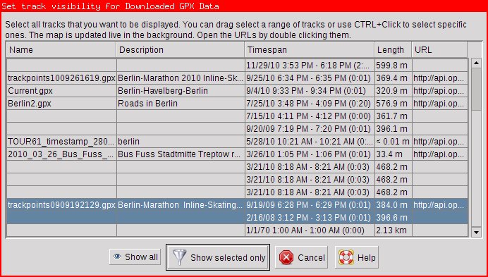 Example of the choose track visibility dialog for downloaded GPX data. Two tracks have been selected.